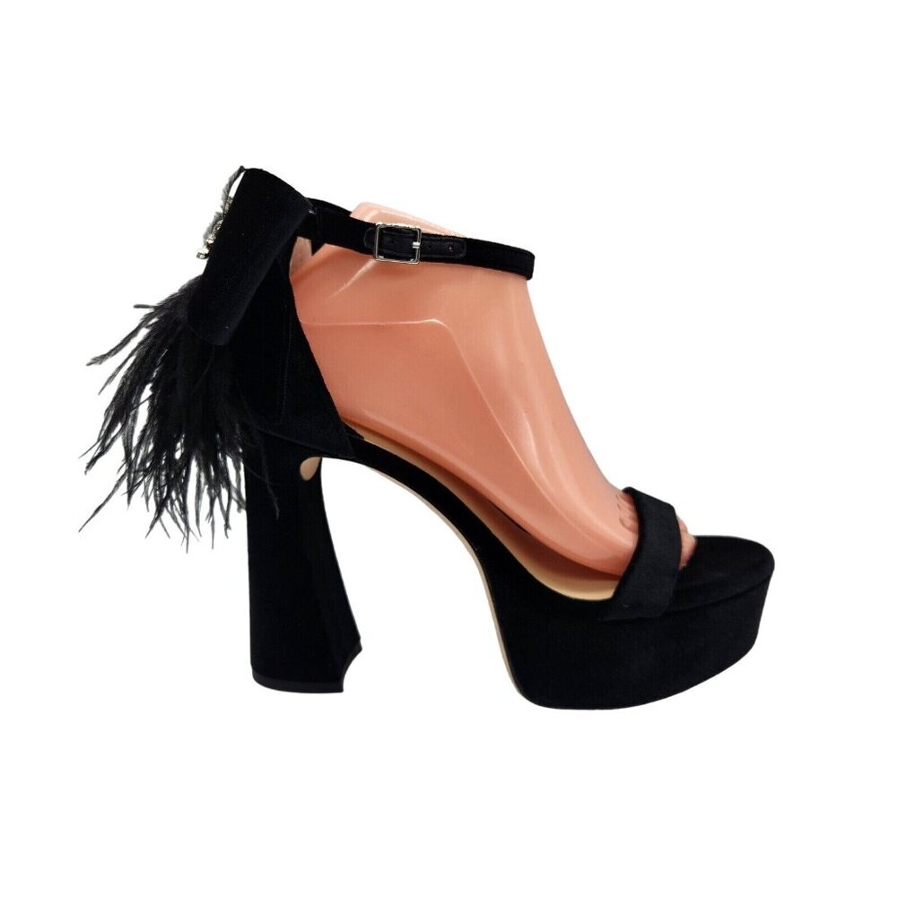 Antonio Melani Platform Sandals Size 7.5 Black Velvet feathers Rhinestone 663 - Picture 5 of 14
